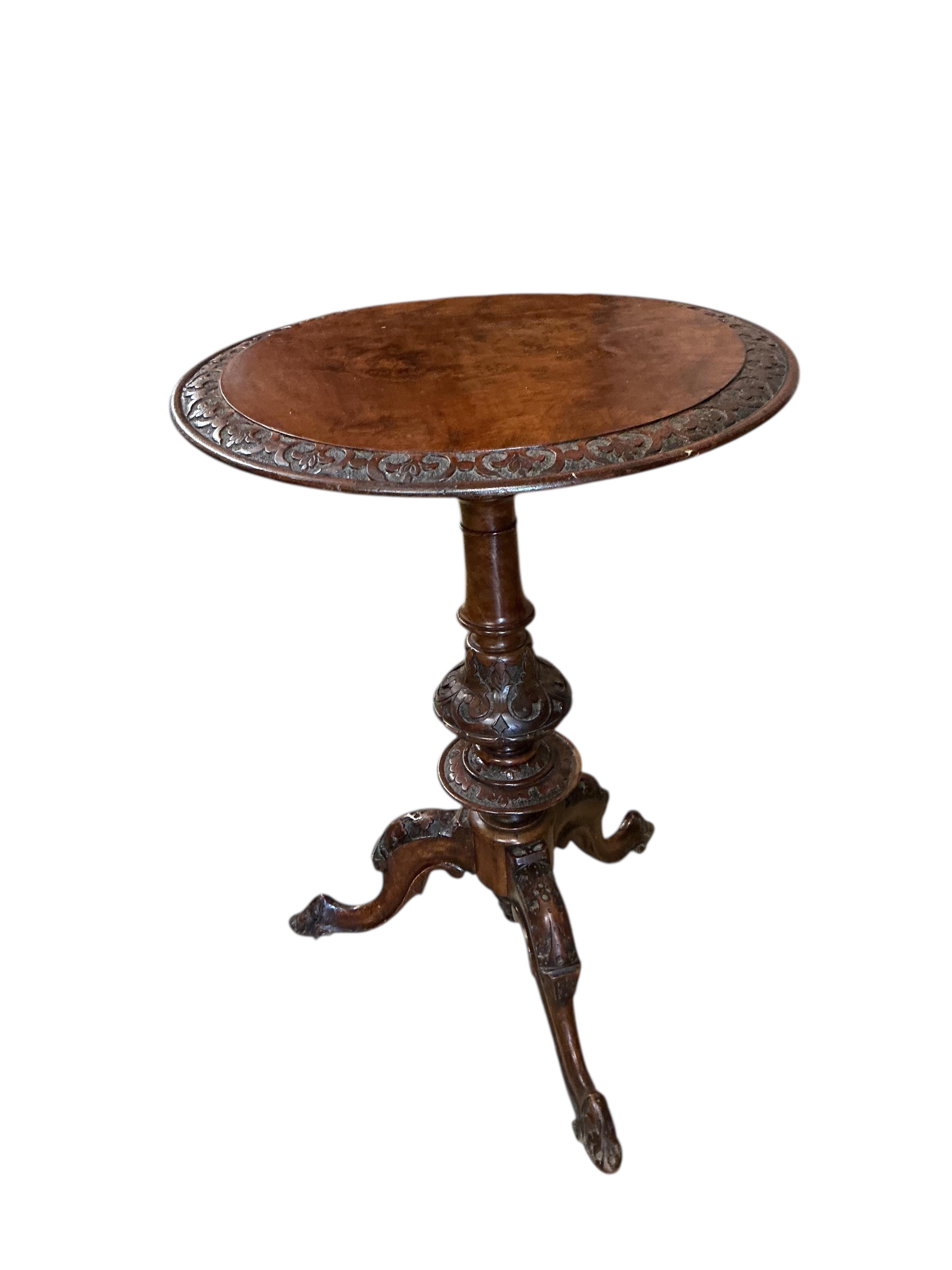 A Victorian burr walnut tripod wine table, diameter 50cm, height 69cm